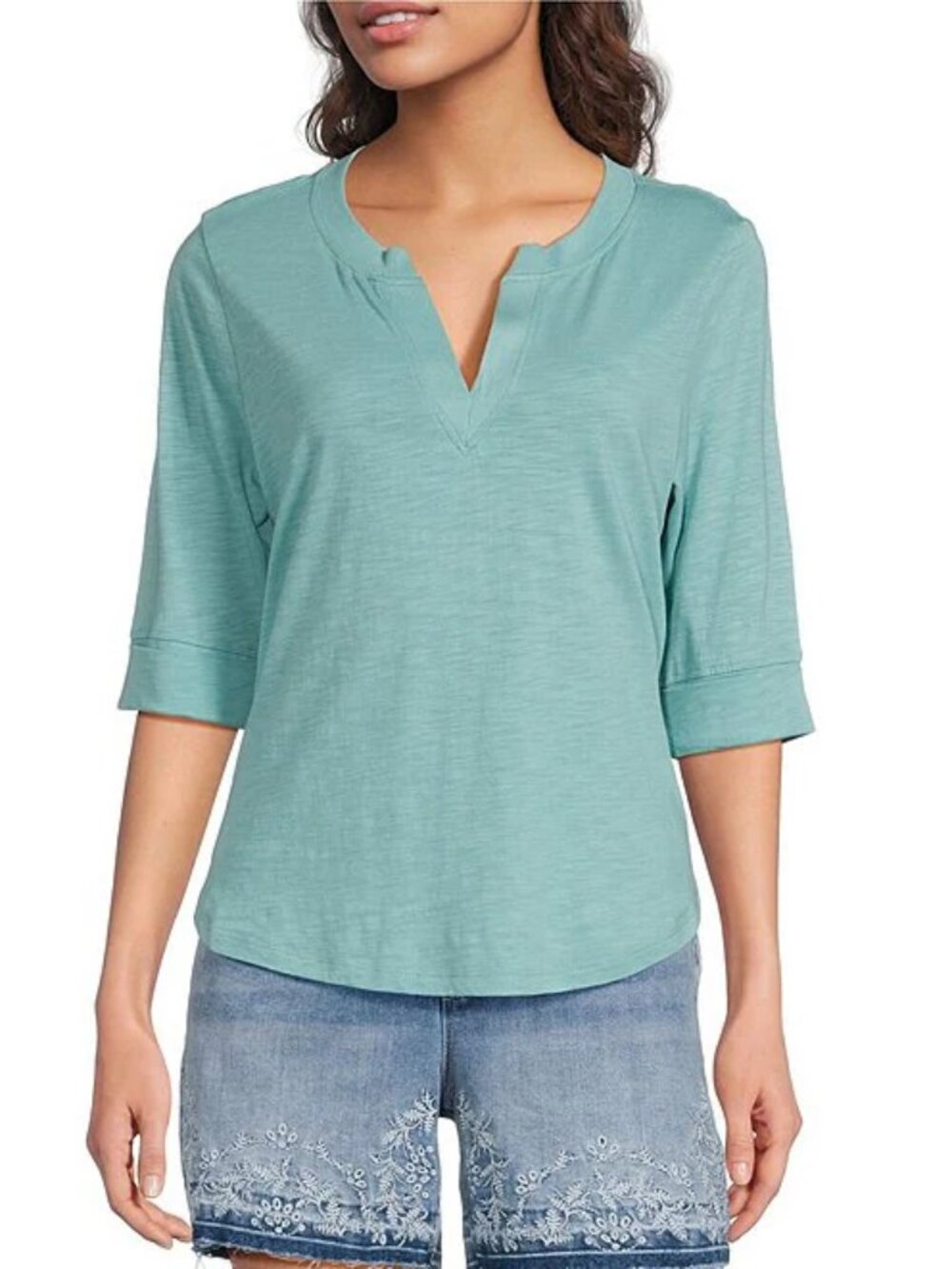 Democracy Knit Split V-Neck Elbow Sleeve Top NWT PM